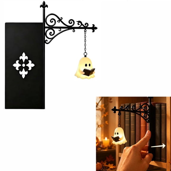 Ghost Library Lantern, Library Lantern Mini Bookshelf Lamp,Metal Reading Nook LED Nightlight,Hanging Library Insert Panel Novel Lover Gift Halloween Study Room Decor