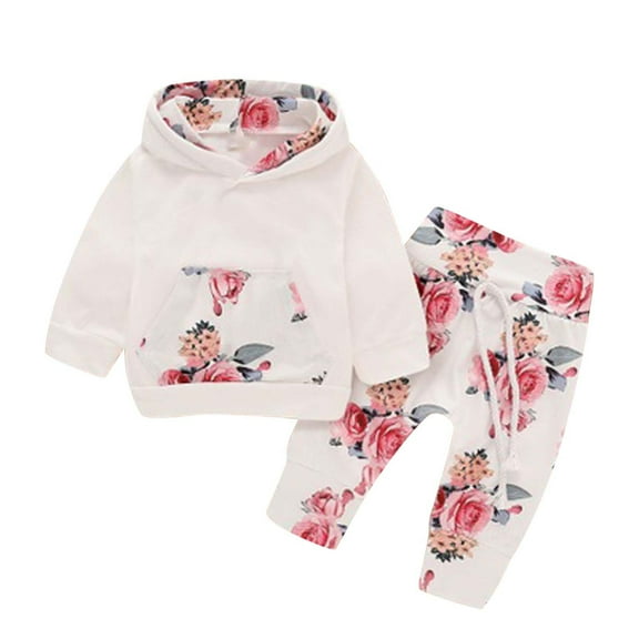 Newborn Infant Baby Girl Floral Hooded With Pocket Sweatshirt Pants Headband Outfits Set
