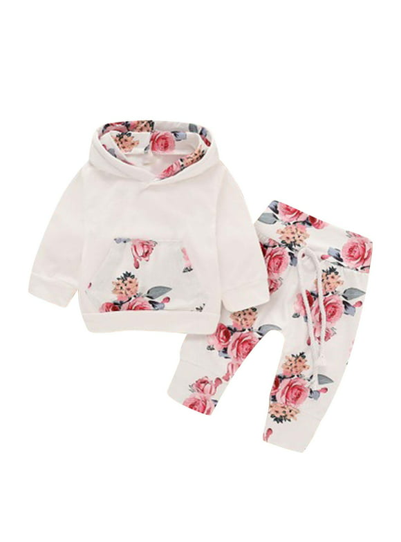 Odeerbi Baby Girl Clothes Newborn Infant Floral Hooded With Pocket Sweatshirt Pants Headband Outfits Set