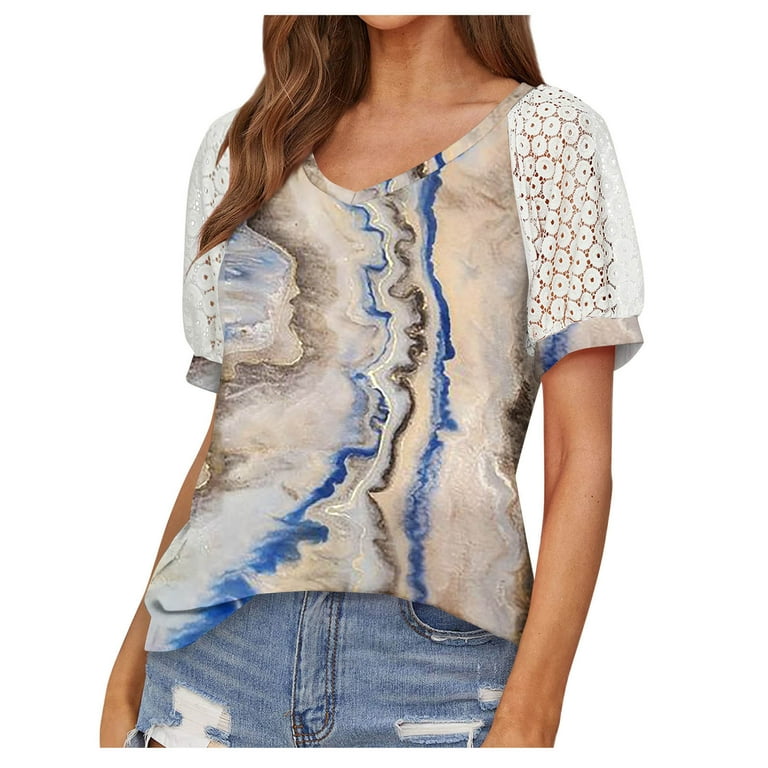 Sksloeg T Shirts for Women Mesh Marble Print Tops Puff Short