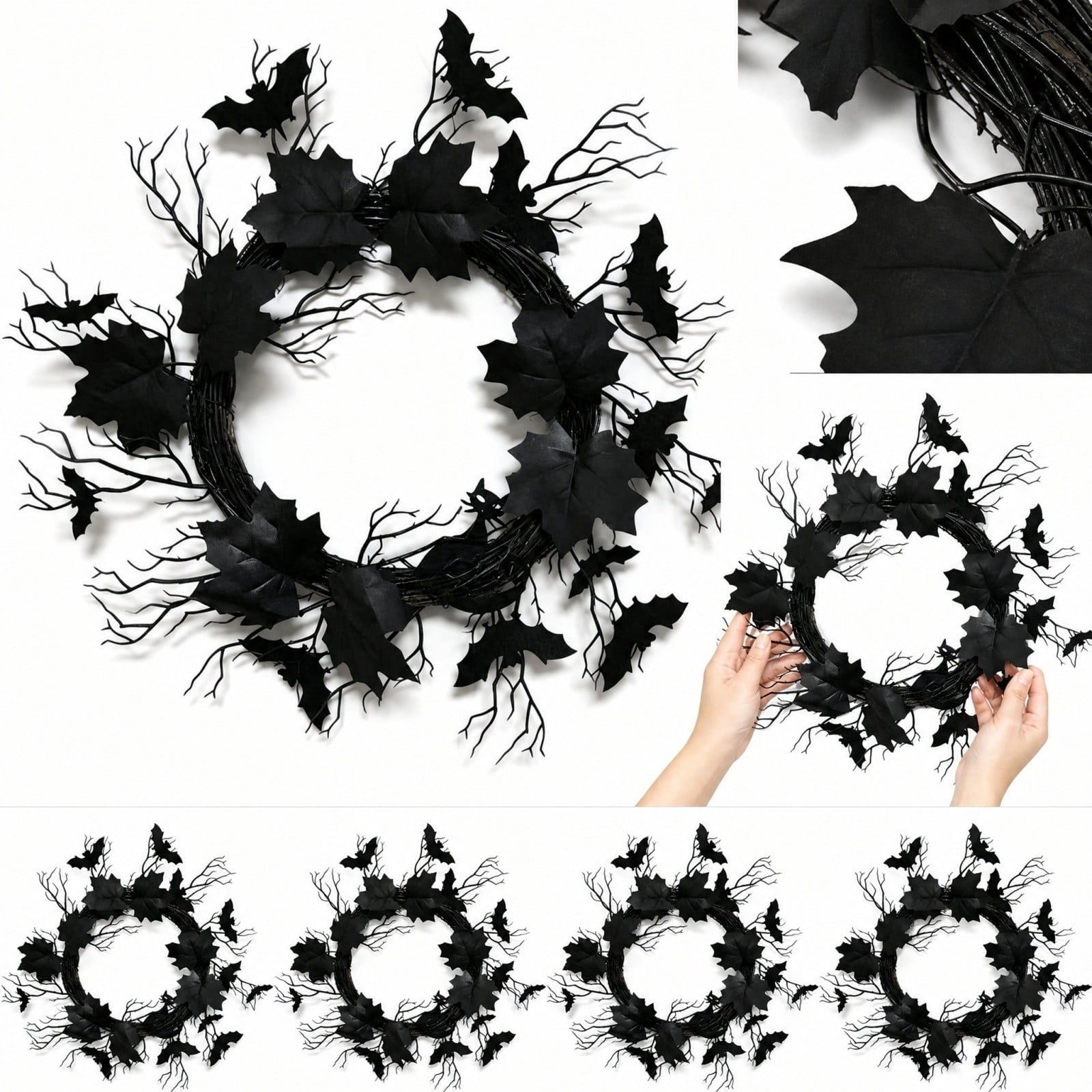 Halloween Wreath with Rattan Wreath and Artificial Spider and Bat Accents Spooky Seasonal Front Door Decor for Porch Wall Entryway Fireplace Home Parties and Holiday Display 15*15