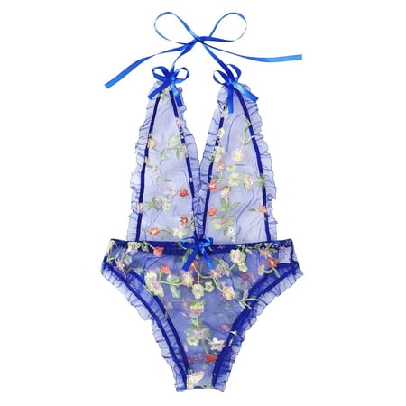 adviicd Ladies Lingeries Women s Backless Lingerie Strap Bodysuit Halter Deep V Neck Teddy Lace Underwear Nightwear Blue M