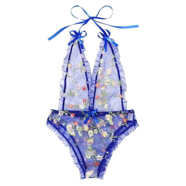 WZXFASHION Lingerie Brodée Frower pour Femmes sous-Vêtements Pyjama Combinaison Teddy Bleu m