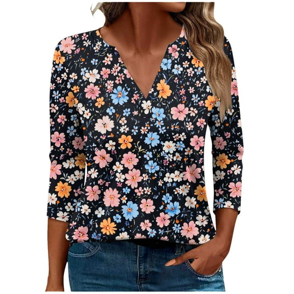 CYMMPU 3/4 Sleeve V Neck Blouses for Women Dressy Casual Spring Tops Loose Fit Fall Fashion Shirts Tunic Tops Floral Pattern Business Elegant Work Topss Multicolor XXXXL