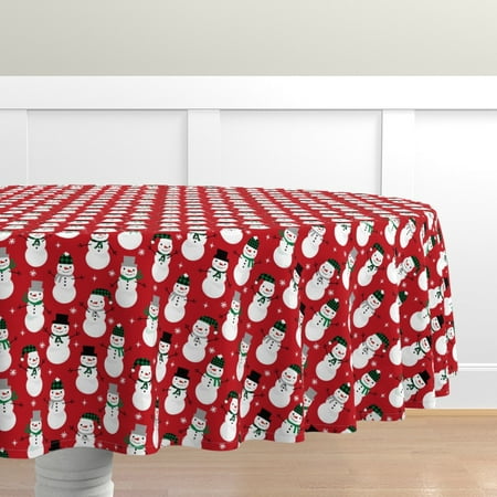 

Cotton Sateen Tablecloth 70 Round - Snowman Winter Holiday Red Christmas Snowflakes North Snow Snowflake Festive Party Print Custom Table Linens by Spoonflower