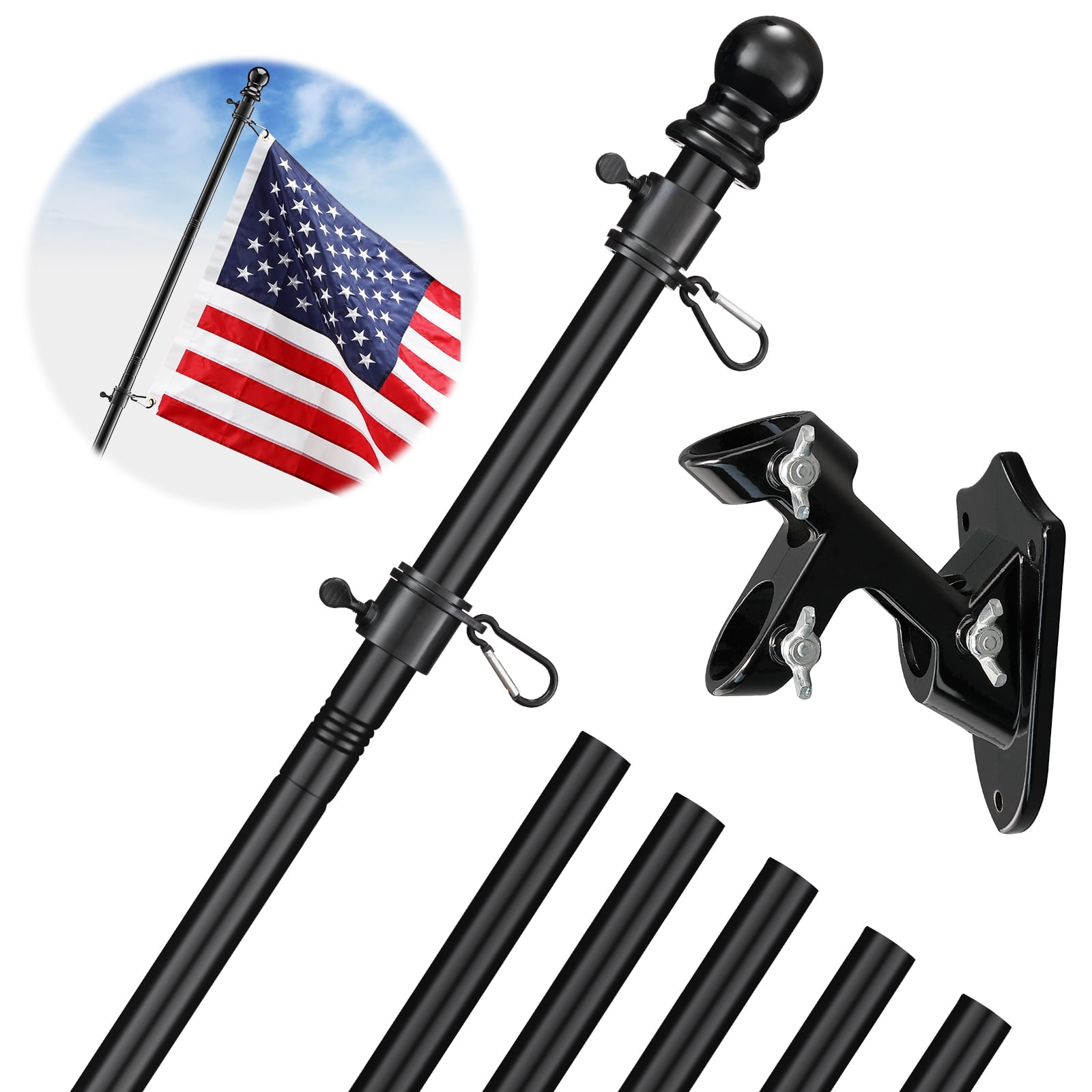 Rustproof for Outdoor Garden Roof Walls Yard Truck Without Bracket diig 5FT Flag Pole Kit,Stainless Steel Heavy Duty Black American US Flagpole 