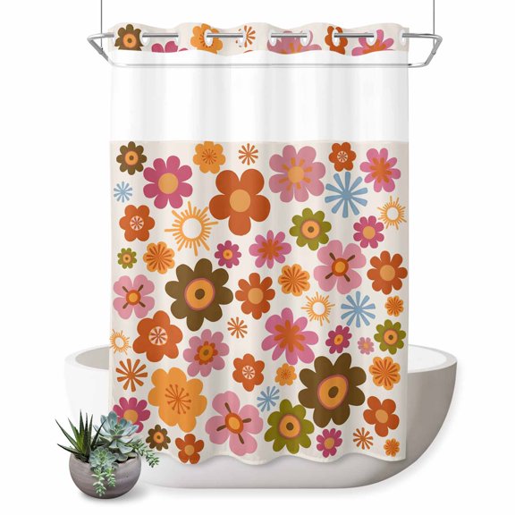 No Hook Shower Curtain, Bohemia Floral Shower Curtains for Bathroom with See Through Top Window, Vintage Orange Pink Flowers Boho Style Beige Waterproof & Washable Bath Curtain Stall 48"x72"