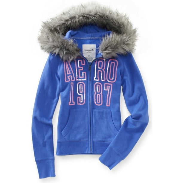 Aeropostale suéter con capucha de piel sintética con cremallera para mujer, rosa, extragrande Aeropostale Encapuchado