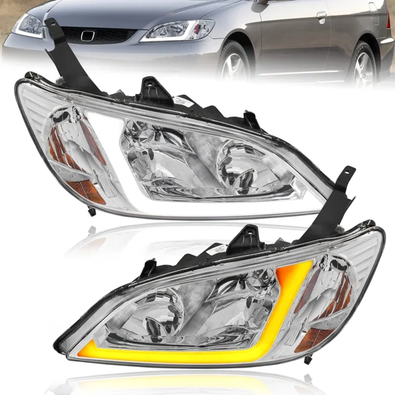 MOSTPLUS Pair Headlights Assembly w/ LED DRL Bar & Dynamic Signal for 2004 2005 Honda Civic