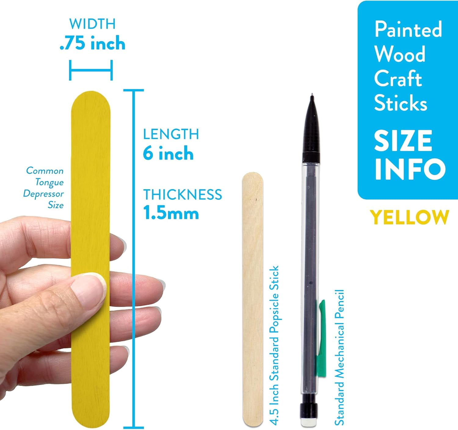 CraftySticks- 1000 Pack 6 Inch Yellow Painted Wood Craft Sticks, Jumbo Popsicle Sticks for Crafts, Learning and STEM Basics