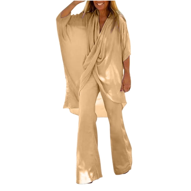 Conjunto de camiseta y pantalones de manga 3/4 con cuello en V liso de gran tamaño para mujer Wmkox8yi bvn3031