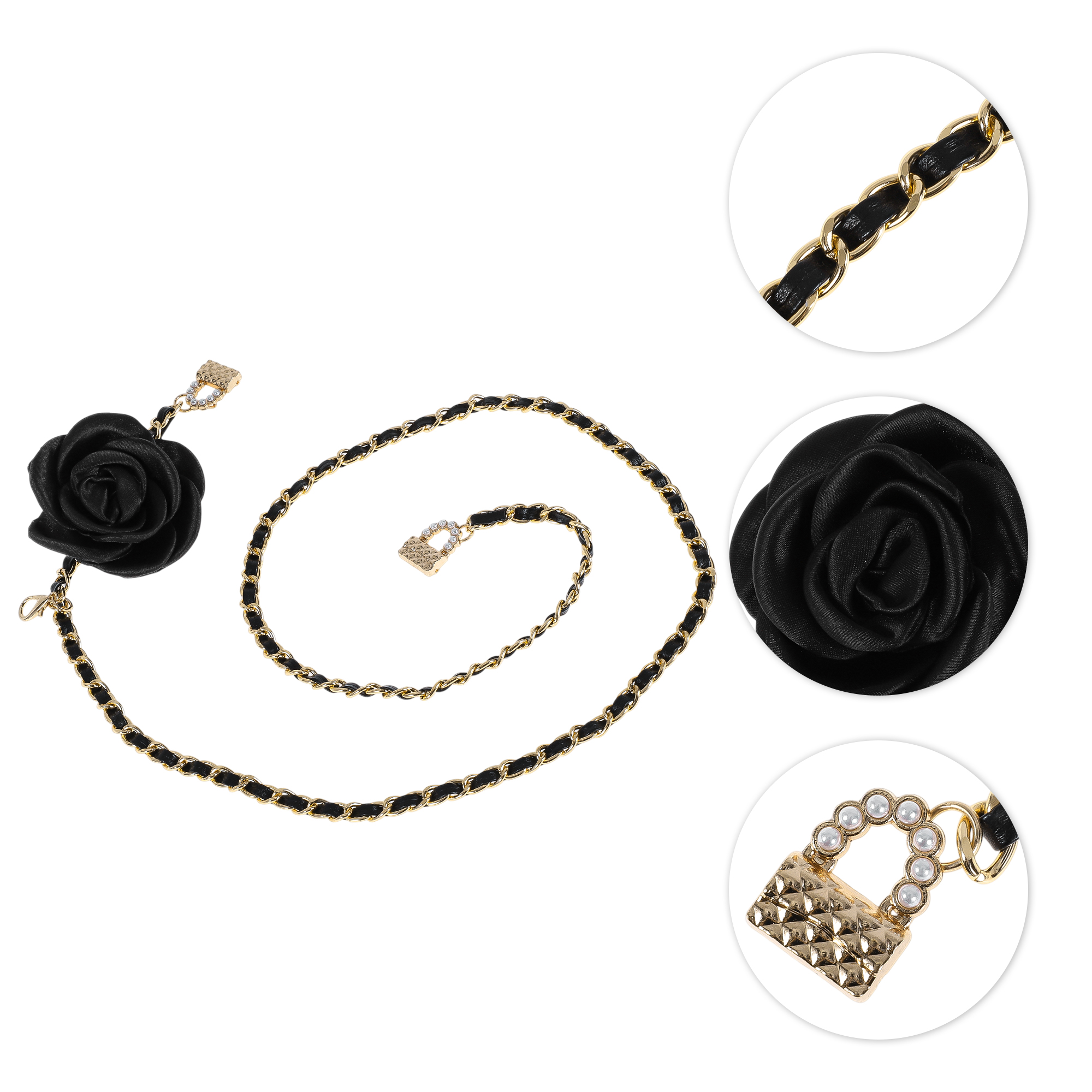 Unique Bargains Flower Adjustable Waist Belt with Adjustable Clasp Design Gold Tone, Black