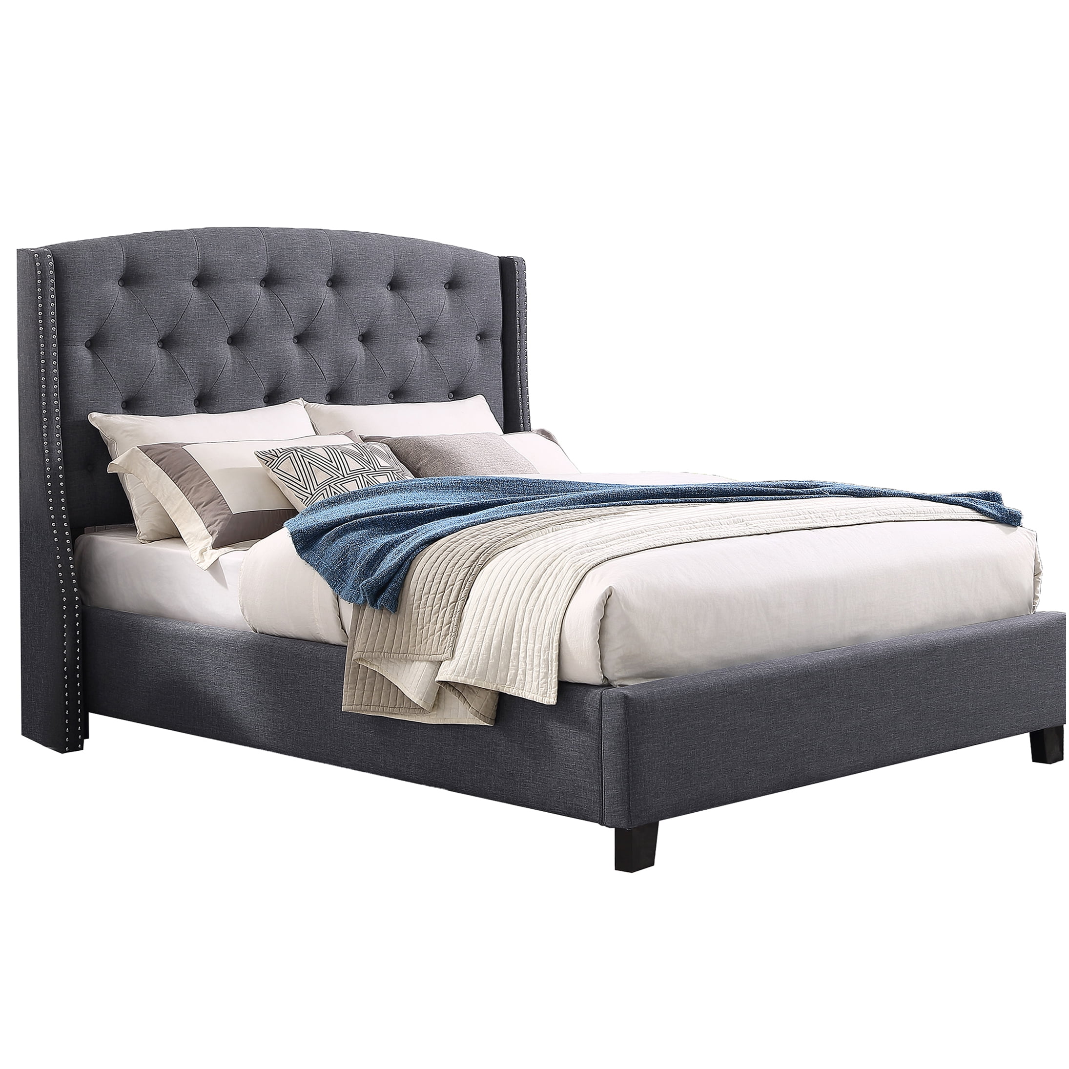Gray Upholstered Queen Bed Frame with Wingback Headboard, Button Tufted Design and Nailhead Trim for Modern Bedroom