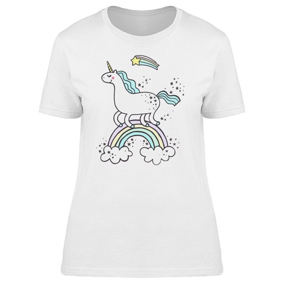 White Unicorn On A Rainbow Tee Women's -Image by Shutterstock