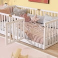 thumbnail image 2 of Cama de piso de tamaño doble con barandillas de valla alta, con puerta, cama de madera de goma con barandillas de seguridad, 2 of 5