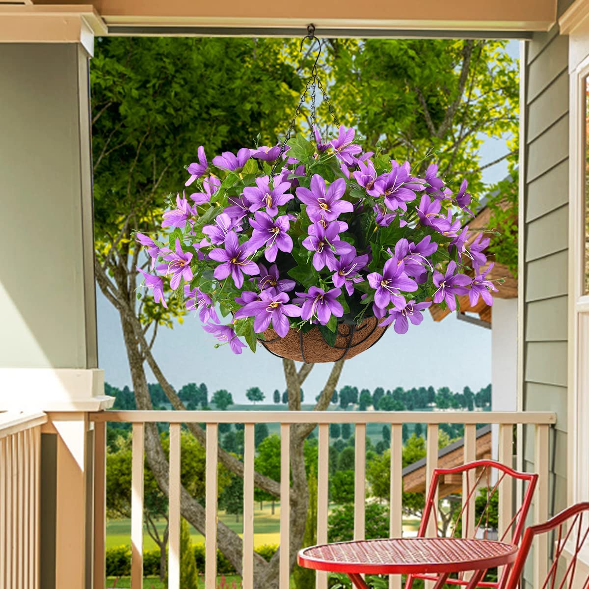 Artificial Flowers Hanging Basket for Outdoor Indoor,Fake Orchid Flowers in Coconut Lining Hanging Basket for Home Courtyard Decoration, 5 Branches Flowers in 12'' Basket(Purple)