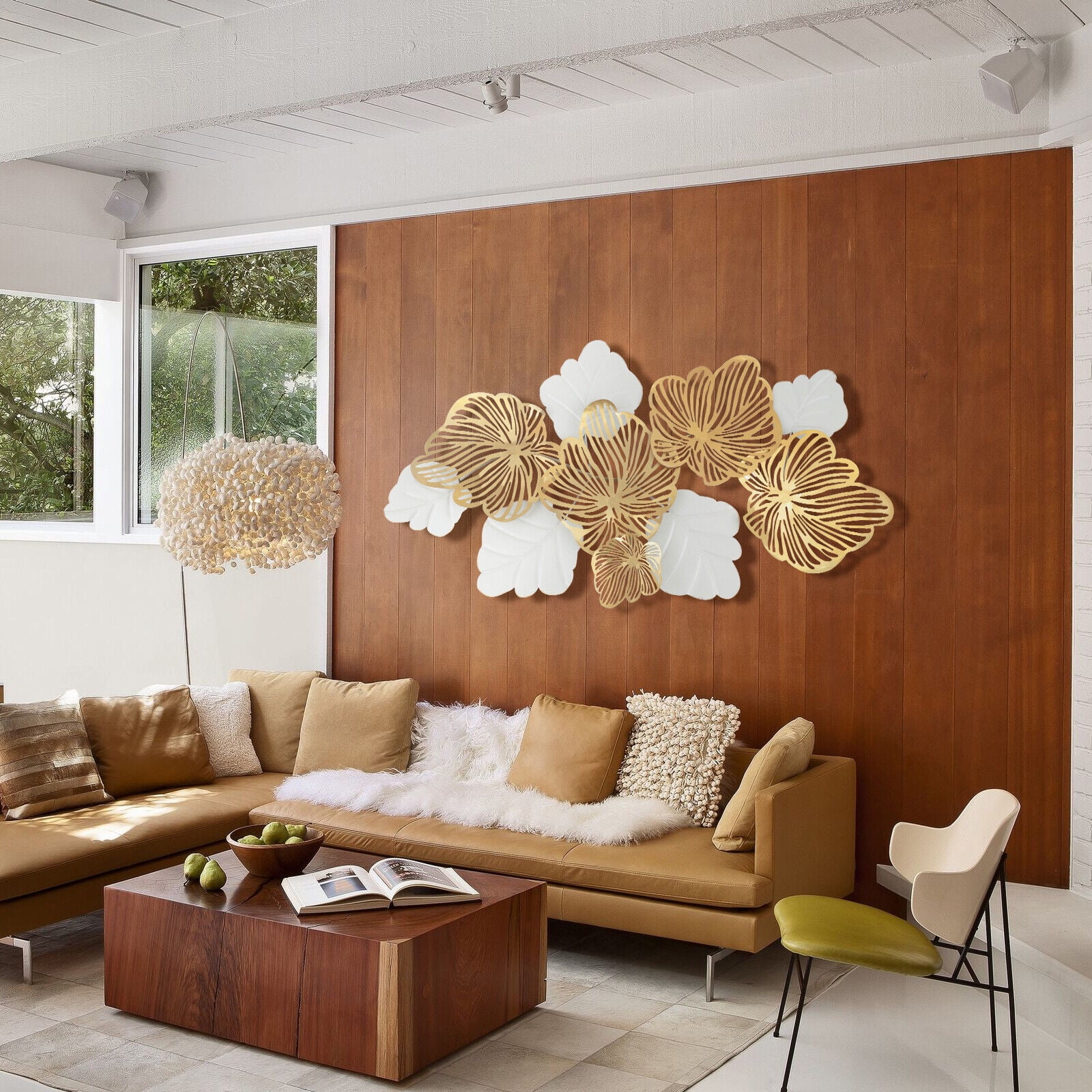 Modern Flowers and Leaves Wall Art Large Metal Hanging Sculpture Wall Decoration for Living Room Dining Room Decoration Gold White