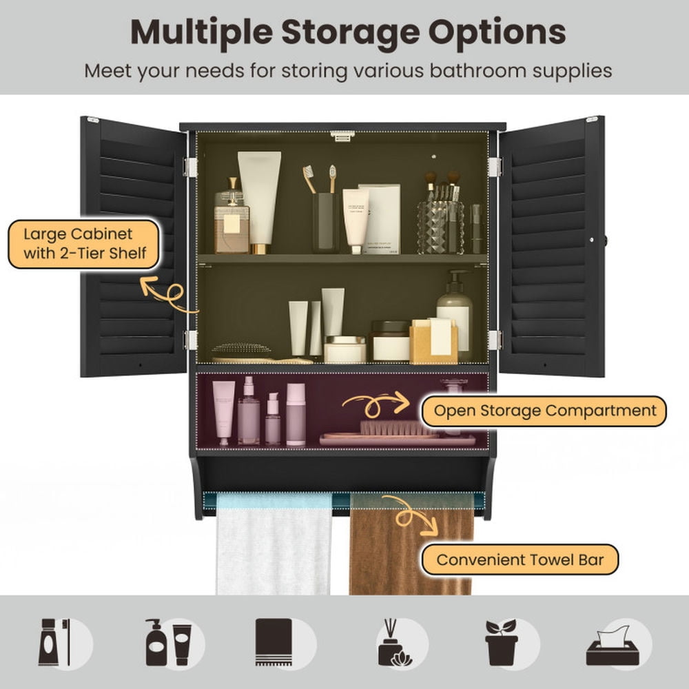 Finihen Wall Cabinet, Wall Mounted Bathroom Cabinet, Medicine Cabinet, 2-Doors Bathroom Wall-Mounted Medicine Cabinet with Towel Bar, for Kitchen Entryway Bathroom, Black