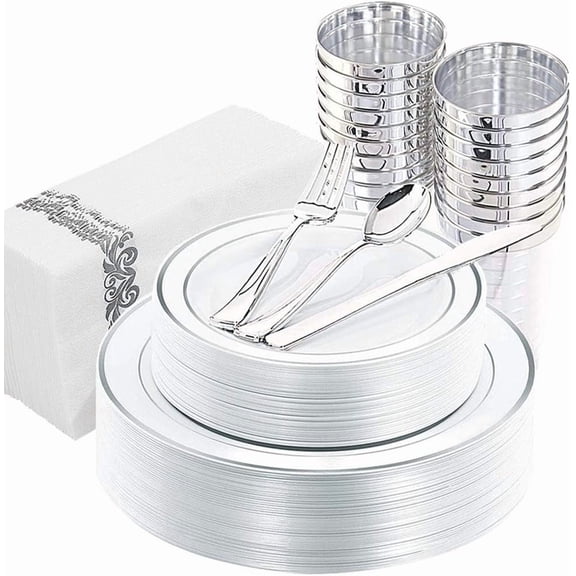 175PCS Silver Plastic Plates - Disposable Christams Plates Dinnerwar, Silver Plates include 25 Dinner Plates,25 Salad Plates,25 Forks, 25 Knives, 25 Spoons, 25 Tumbler