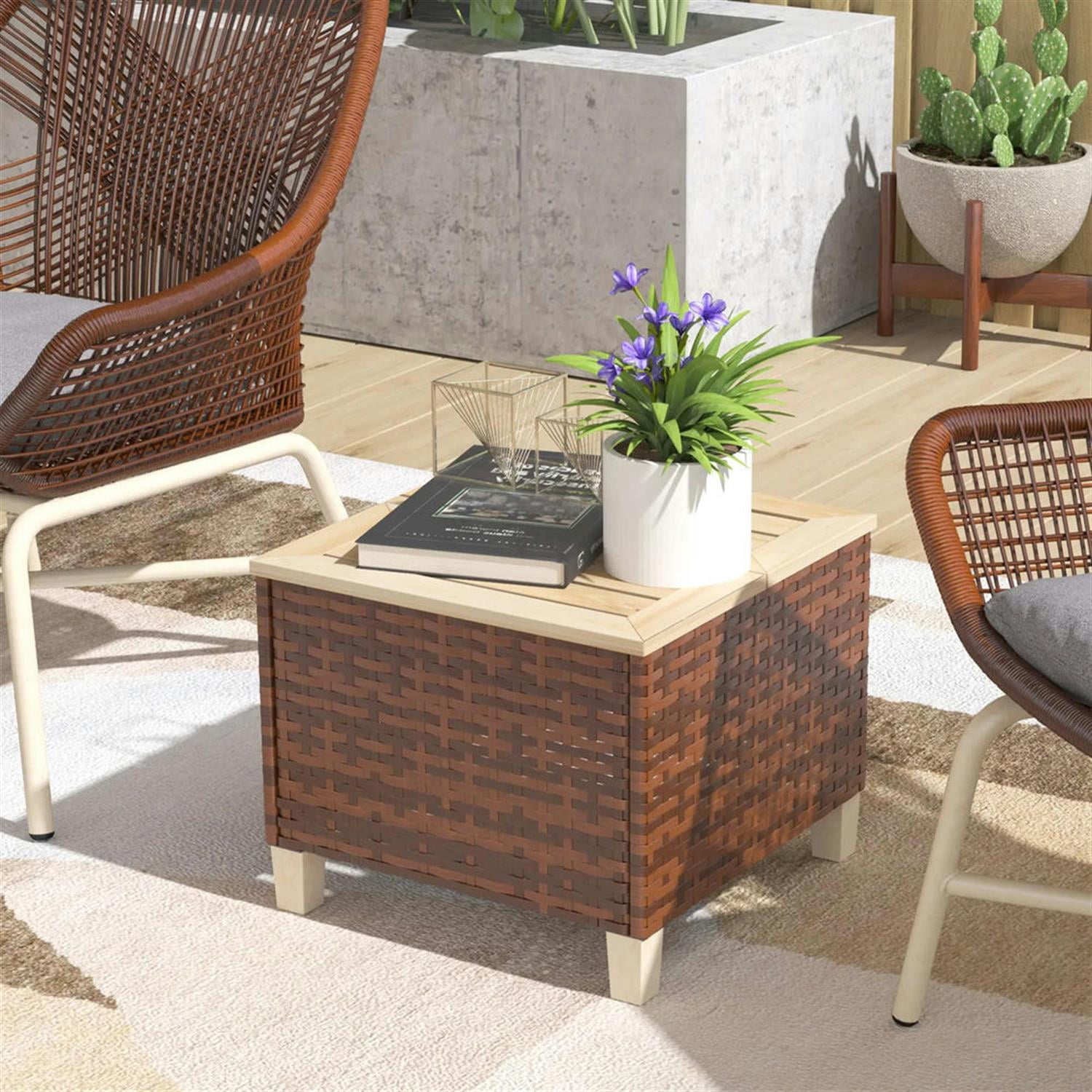 Demi Bonn 17" Outdoor Side Table with PE Rattan, Natural Fir Wood Top & Legs, Weatherproof End Table for Patio, Deck, Poolside, Brown