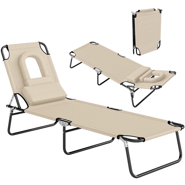Outsunny Chaise Longue d'Extérieur Réglable avec Trou de Lecture et Coussin - Ensemble de 1, Beige