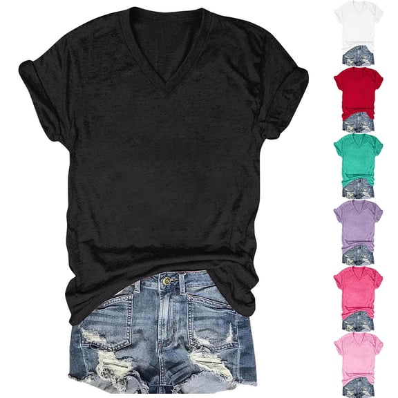 Fengqque Womens Tops Short Sleeve V Neck T Shirts Solid Color Summer Rolled Edge Short Sleeve Shirts Fashion V Neck Women's Tops White XL(XL)