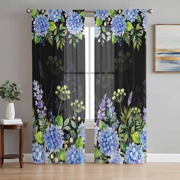 Blue Purple Flower Sheer Curtains 72 Inch Length 2 Panels Set, Watercolor Hydrangea Floral Black Voile Window Treatment Rod Pocket Curtains Sheers Drapes for Bedroom/Living Room/Kitchen 52"x72"x2
