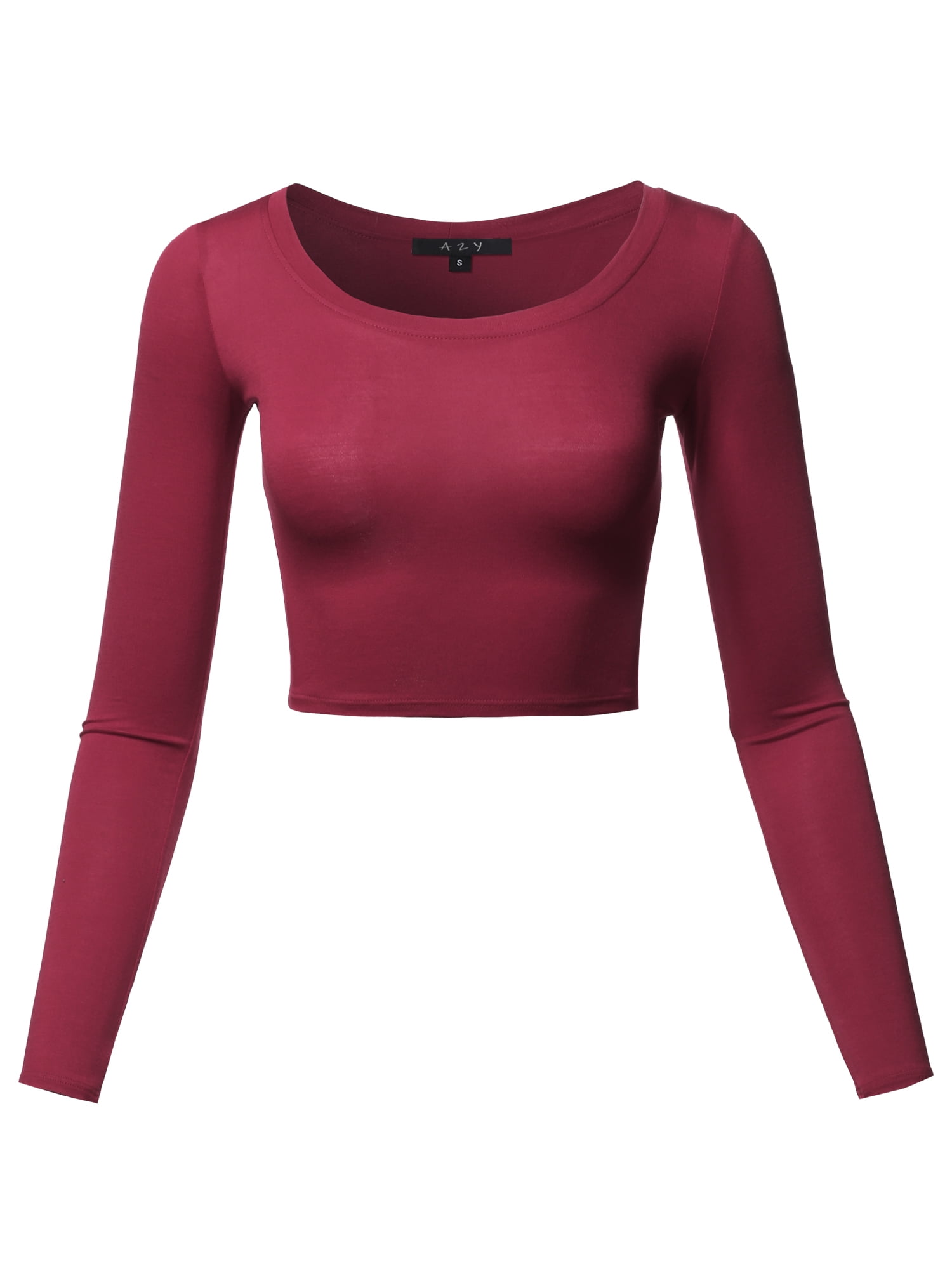 A2Y Women's Basic Solid Stretchable Scoop Neck Long Sleeve Crop