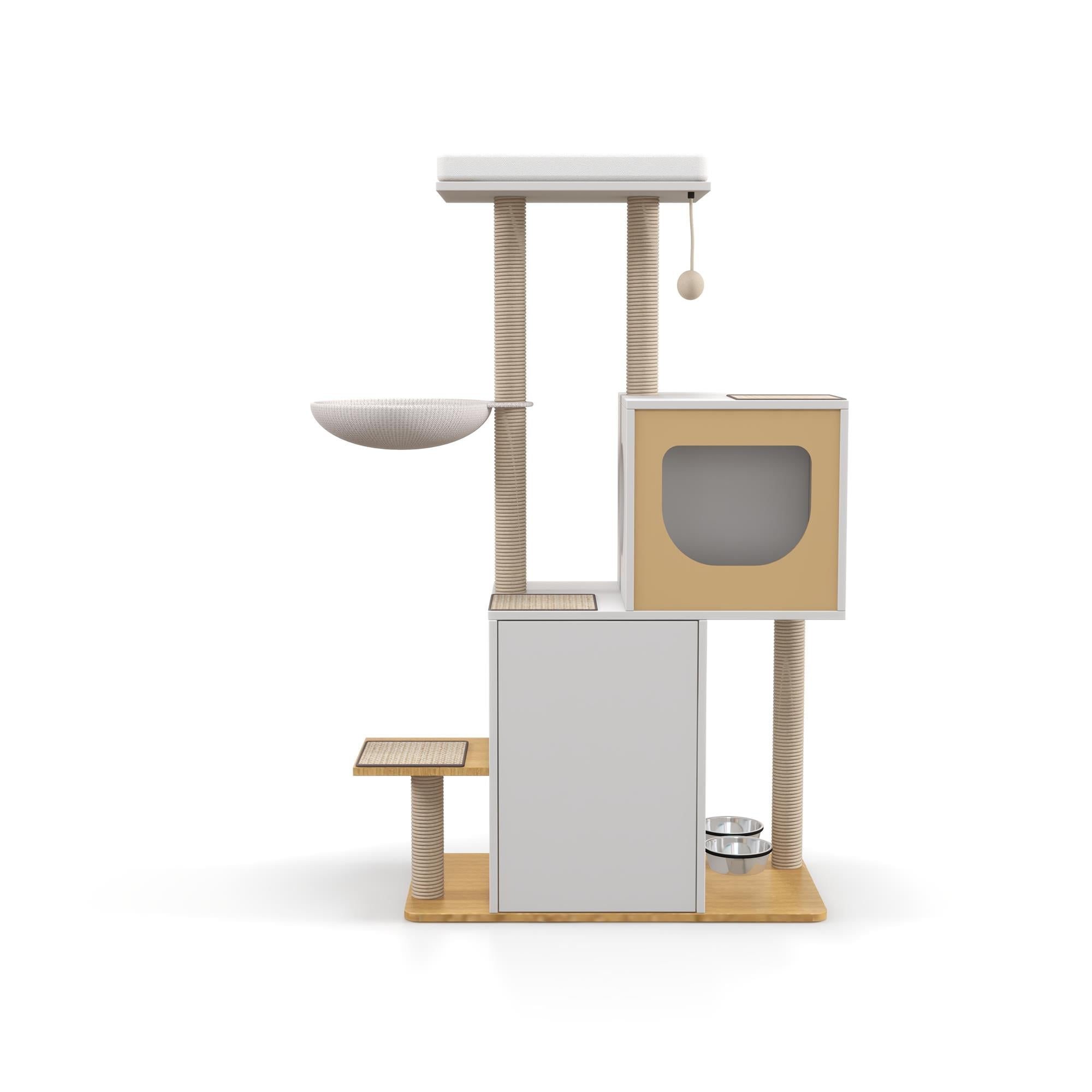 Pefilos 50" Wood Cat Tree Tower Multi-Level Cat Condo with Sisal Scratching Post for Indoor Kitten Activity Centre Furniture, White Pefilos 50" Wood Cat Tree Tower Multi-Level Cat Condo with Sisal Scratching Post for Indoor Kitten Activity Centre Furniture, White
