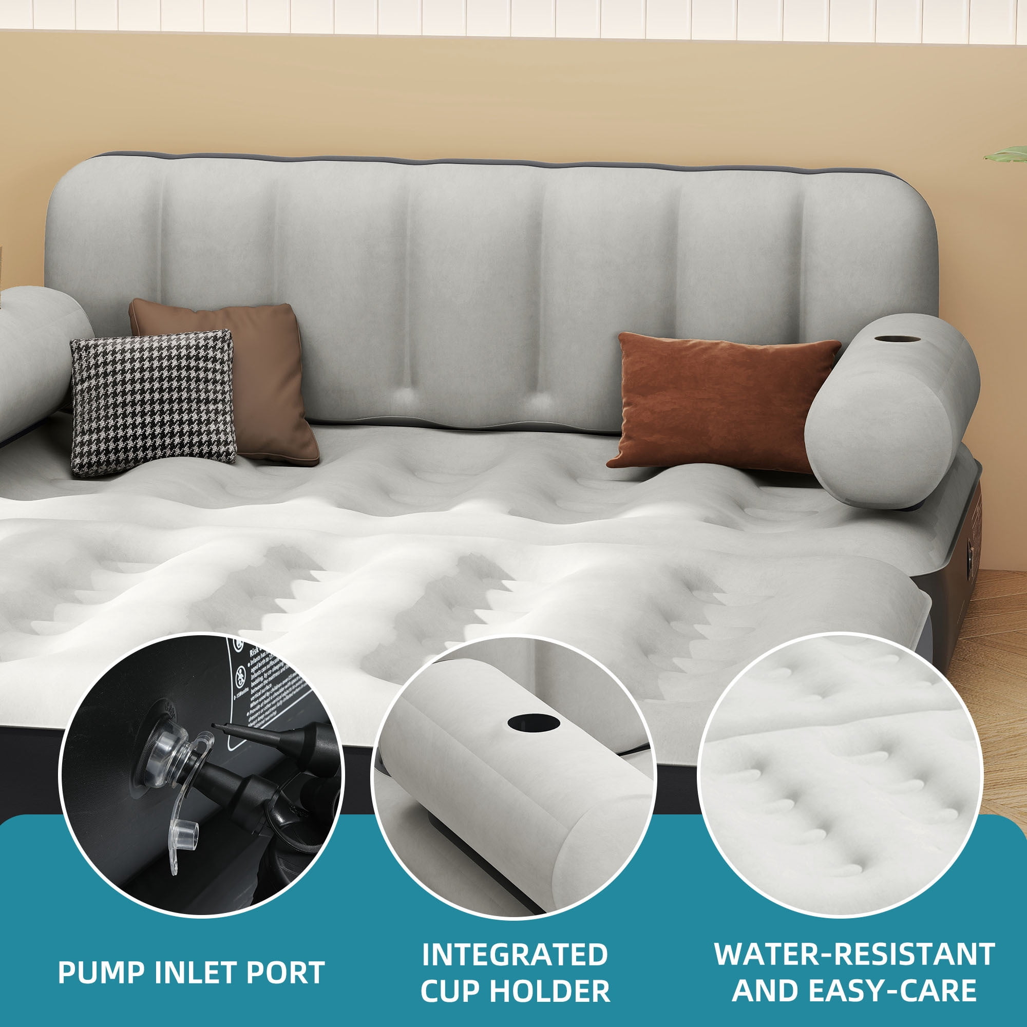 Uforic Queen Air Sofa Bed Mattress with Headboard & Pump for Home Camping Guests, Gray