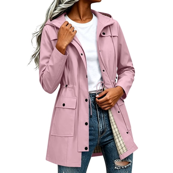 HappyYEE Women's Rain Coat with Drawstring Waist Plaid Lined Hooded Windbreaker Lightweight Waterproof Rain Jacket with Pockets XL