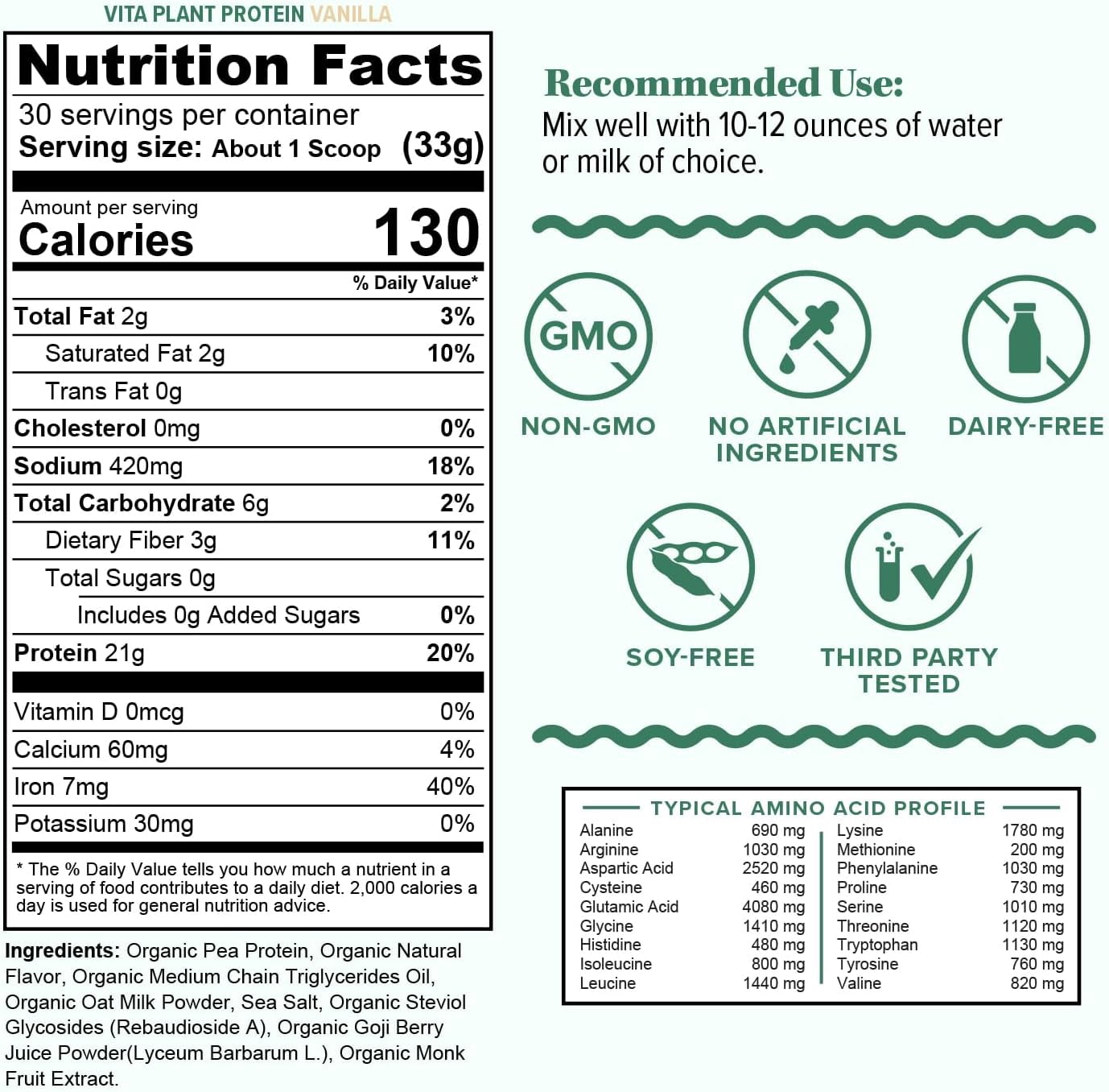 Vitauthority Vita Plant Organic Plant Based Protein Powder for Women, Vanilla, 30 Servings