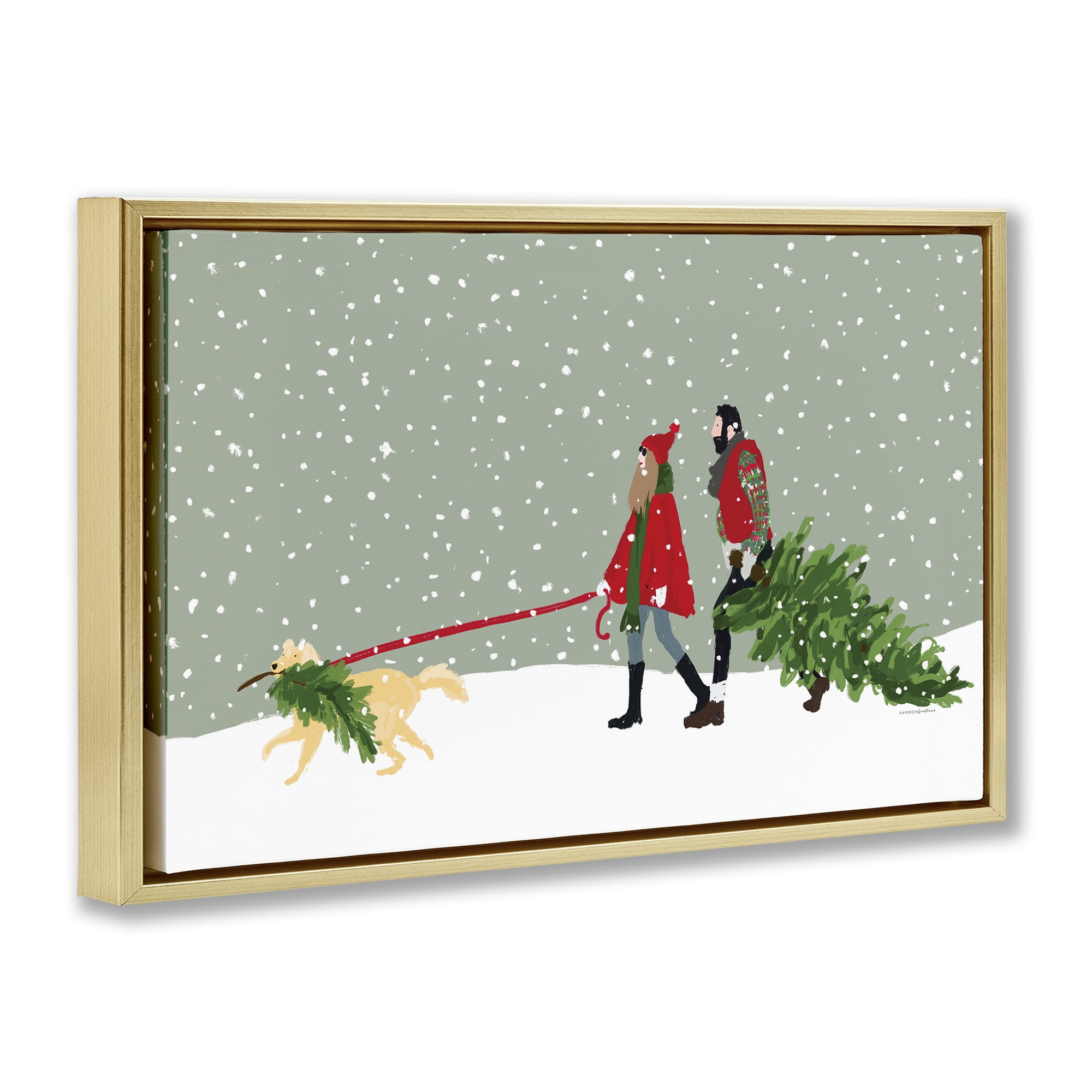 Stupell Industries Couple with Christmas Tree Holiday Painting Gold Floater Framed Canvas Art Prints Wall Art, 31 x 21