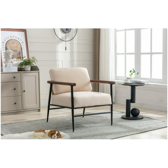 -Century Modern Accent Chair, Linen Fabric Lounge Chair with Overstuffed Cushion, for Living Room, Bedroom, Balcony - Easy Assembly Light Pink