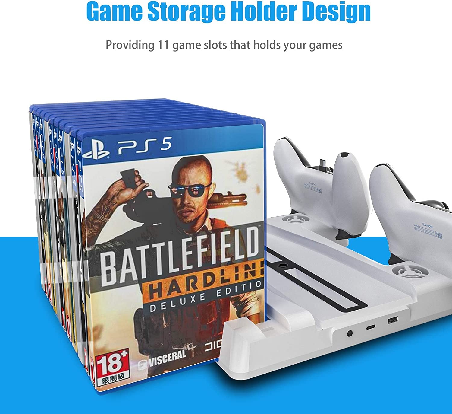 PS5 Cooling Stand, Fast Charging PS5 Stand with Cooling Fans, 3 Levels Adjustable Fans Speed, 12 PS5 Game Rack Organizer - White