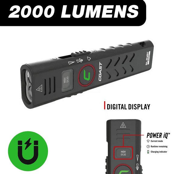 COAST Slayer 2000 Lumens USB-C Rechargeable Flat EDC Flashlight Magnet Tactical Light