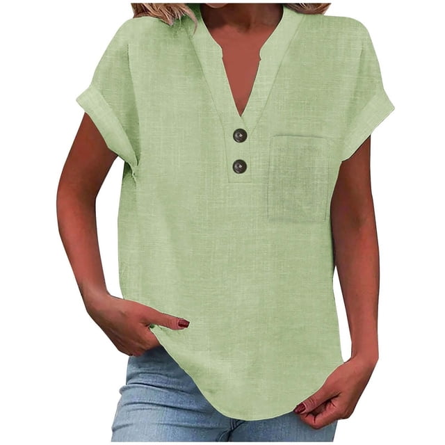 T-Shirts Femmes Plus Mode Décontractée Col en V Boutonné Manches Courtes avec Poches - Hontri