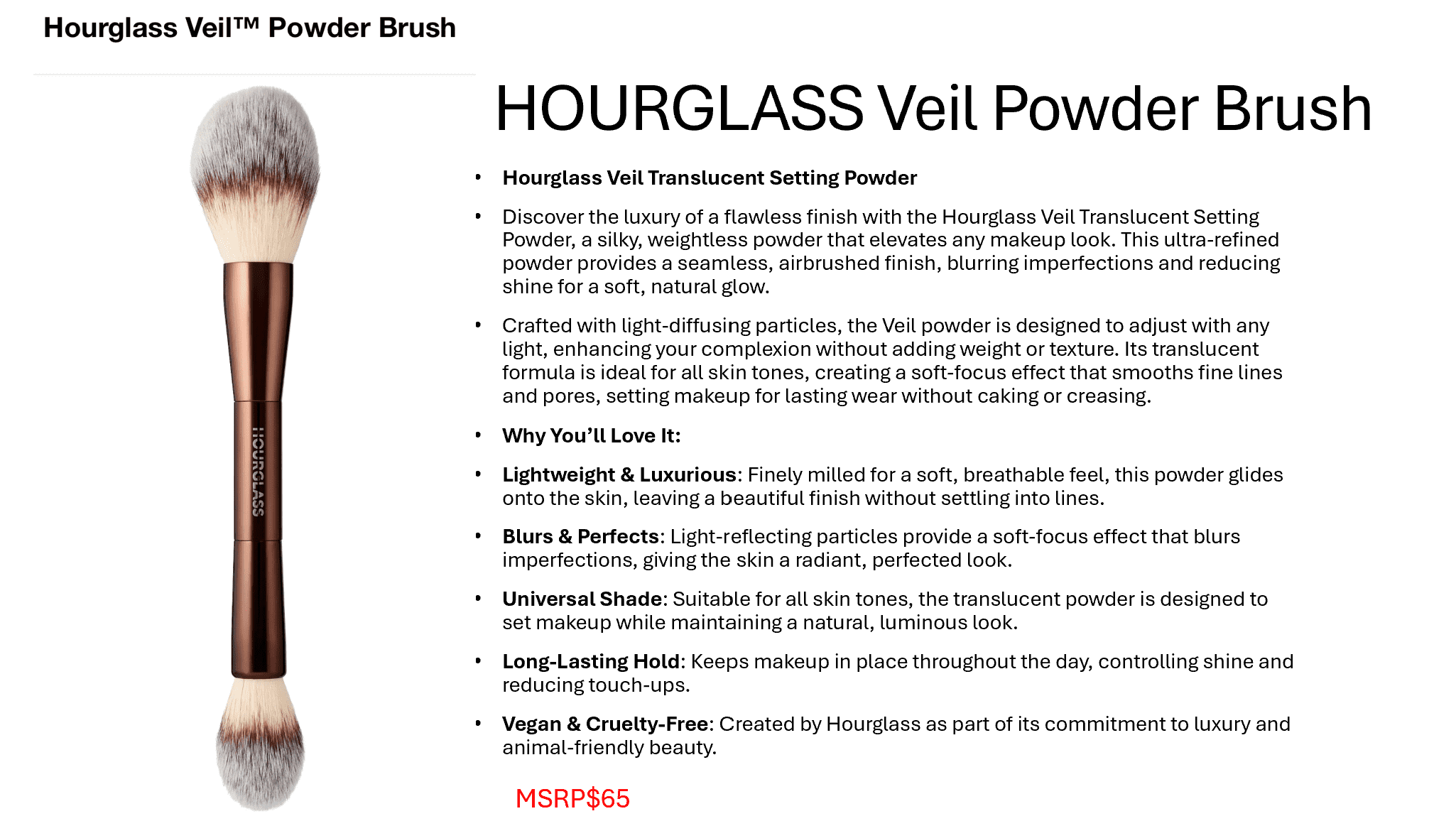 Hourglass Makeup Brush- No.18 Veil Powder Brush Soft Fiber Hair Double Head Powder Fashion Design Single Face Brush