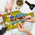 thumbnail image 4 of Family Cutting Board, Comic Book Style Best Family Ever Words on Abstract Cartoon Backdrop Graphic, Tempered Glass Cutting and Serving Board, Wine Bottle Shape, Blue Red Yellow, by Ambesonne, 4 of 5
