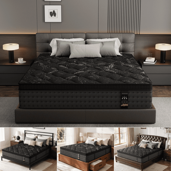 Lidnsejr 12" Queen Hybrid Mattress, Medium Firm Euro Top Mattress in a Box, Motion Isolation, Pressure & Back Pain Relief, Black