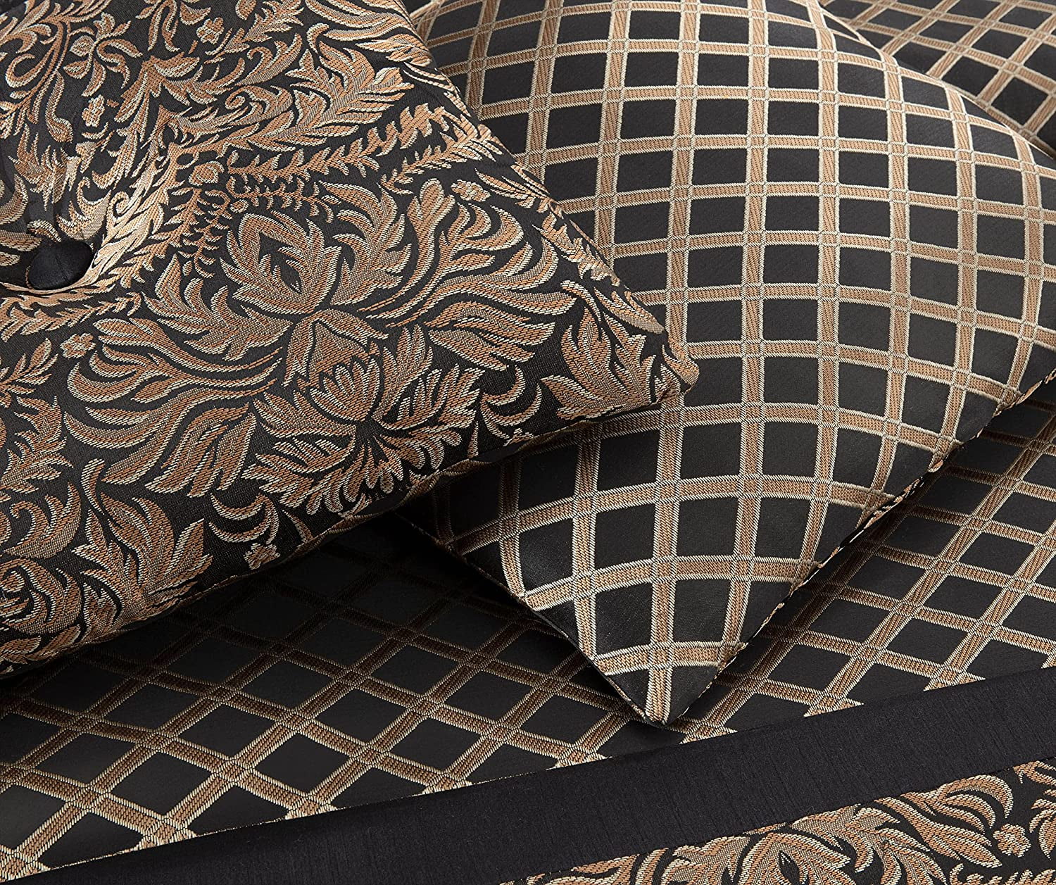Chezmoi Collection Lisbon 7-Piece Black Gold Jacquard Floral Comforter Set, King Size