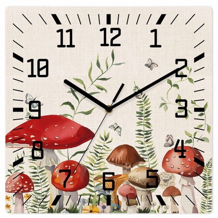 Red Mushrooms Wooden Wall Clock Silent Non Ticking, Sage Green Eucalyptus Butterflies Plants Square Wall Clocks Battery Operated, Decor Clock for Home Office, Living Room, Kitchen, 12 Inch