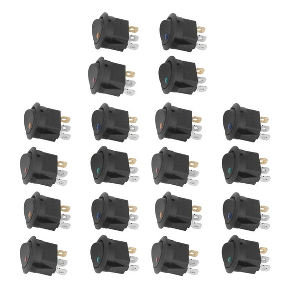 Interruptor basculante redondo de 12 V, luz LED, 3 pines, 2 niveles, SPST, azul, verde, amarillo y rojo, KCD1, 20 unidades