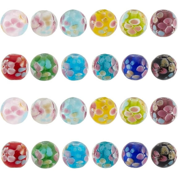 24 Pcs 12 Colors Lampwork Flower Glass Beads 12mm Lampwork Round Beads European Murano Glass Bead for Jewelry Making