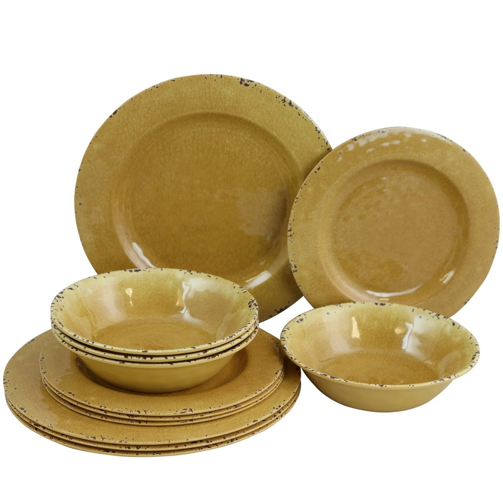 Gibson USA Studio California Mauna Crackle Set of 12 Melamine Dinnerware Set in Yellow Walmart
