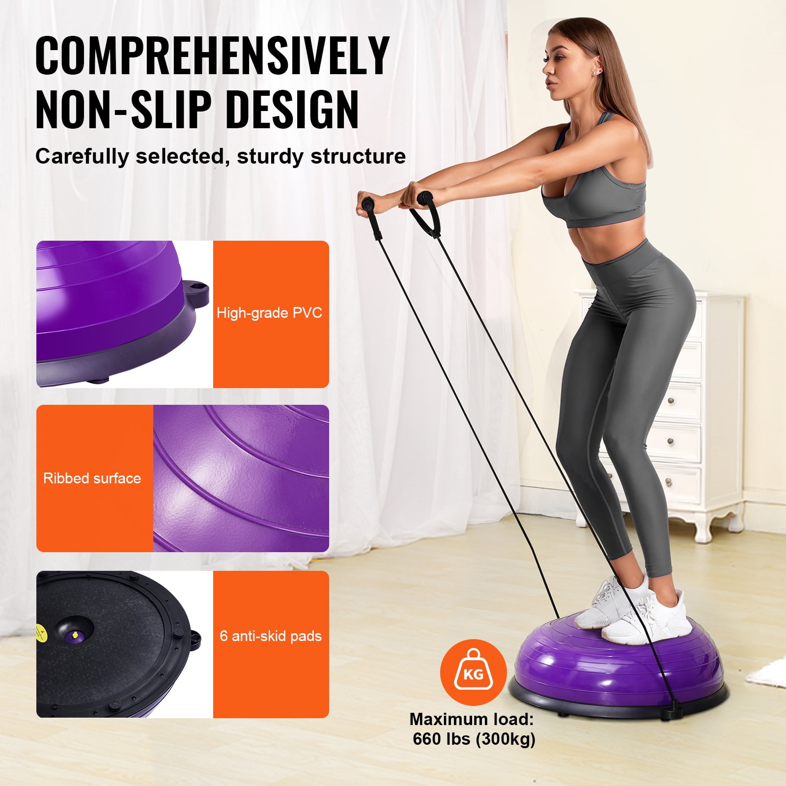 KFFKFF Semi Fitness Ball Equipment, 23-inch Equilibrium Ball Device, 660lbs Capacity Ball, Yoga Sphere with Resistance Loops & Foot Inflator, for Domestic Gym, Comprehensive Body Exercise, Violet