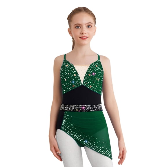 TiaoBug Kids Girls Sparkly Straps Ballet Lyrical Jazz Latin Dance Dress Gymnastics Skirted Leotard Figure Skating Dancewear Dark Green 16