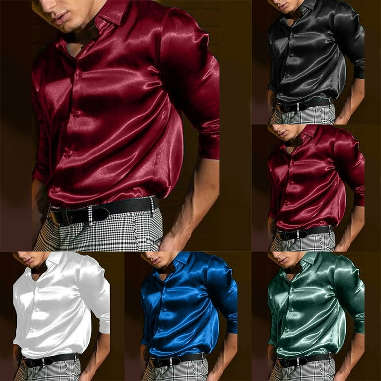 Mens Satin Silk Dress Shirt Long Sleeve Casual Button Down Shirts Wedding Party