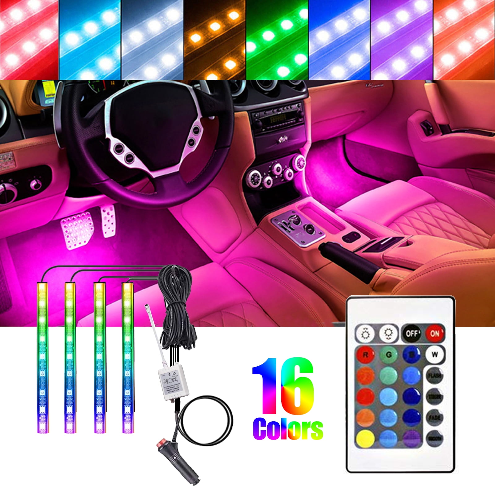 48-LED Multi Colore con Sound Active e Telecomando Wireless IR USB 4Pcs Car LED Interior Light Neon Floor Atmosfera Decorative Underdash Strip Lights Kit 