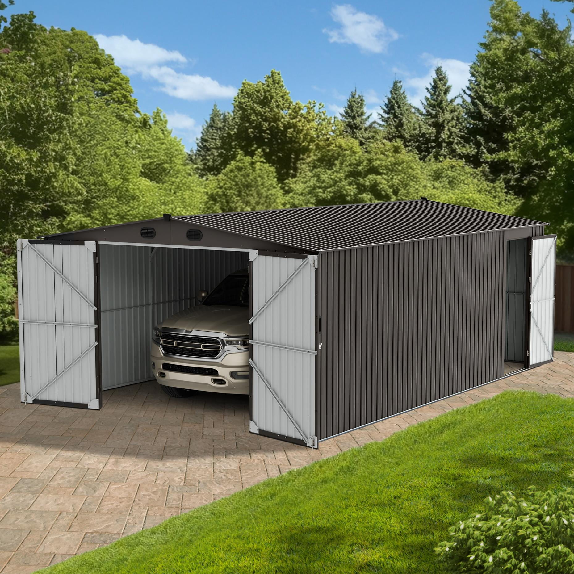 【あーさん出品】12-13mm&13mmAA×2台分 Sunjoy 13 ft. x 20 ft. Outdoor Storage Shed, Carport, Light Grey